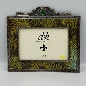 CBK‎ Enamel Picture Frame Palm Leaf Print Metal Gemstone NO GLASS Tropical Glam